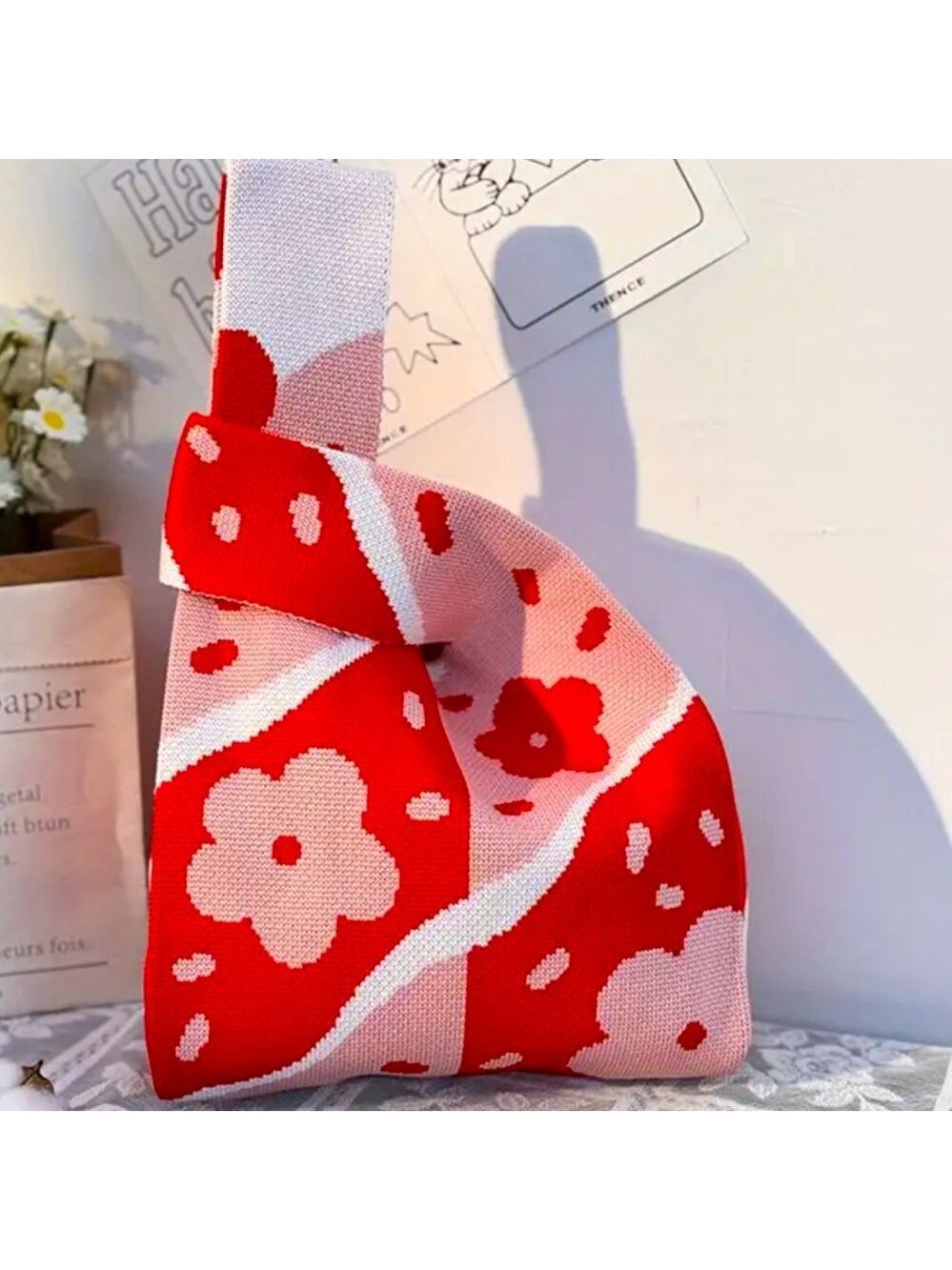 Heavy Woven Knit Floral Pattern Tote Purse Bag Japanese Knot  Closure Style